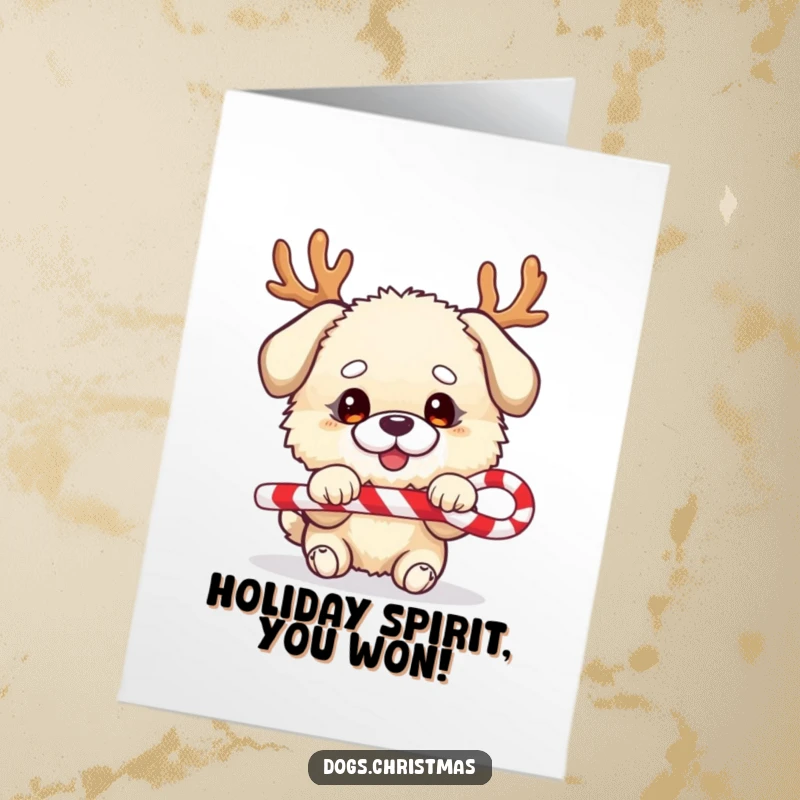 Funny Free Printable Congratulations Card: Fluffy dog, festive antlers, playing tug-of-war with a candy cane, spirited and fun.