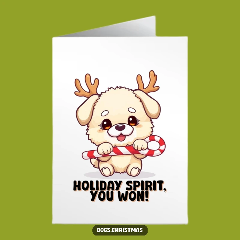 Free Printable Congrats Card: Fluffy Dog Antlers - Candy Cane Tug Downloadable