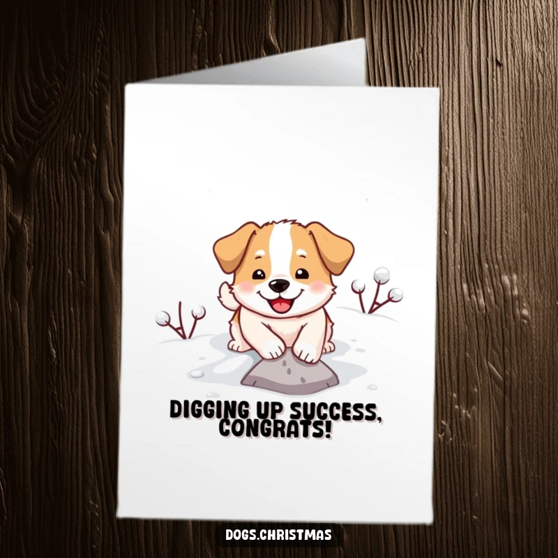 Free Printable Congratulations Card: A gleeful dog digs energetically in the snow, a picture of pure, happy excitement.