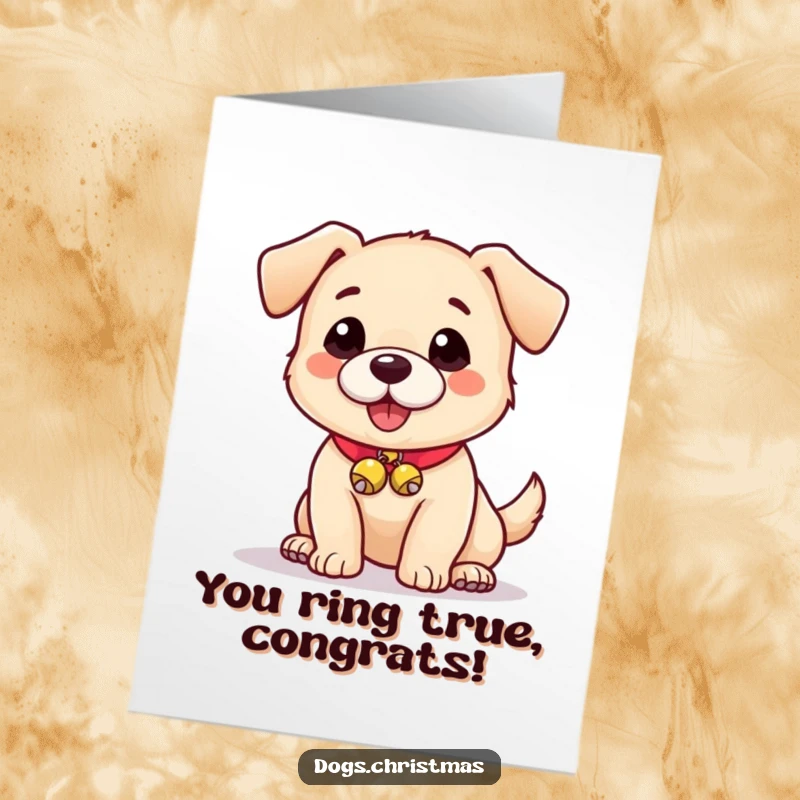 Free Printable Congratulations Card: A mischievous dog sports a collar with small, tinkling bells, looking full of fun.