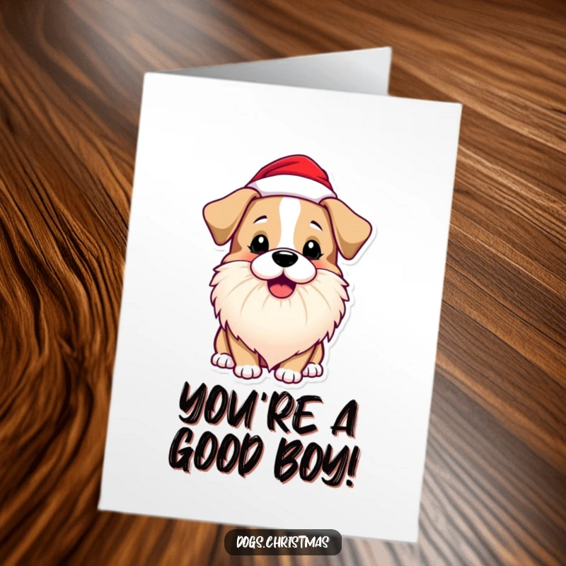 Funny Free Printable Congratulations Card: Dog in a Santa beard, barking joyfully to celebrate achievements.