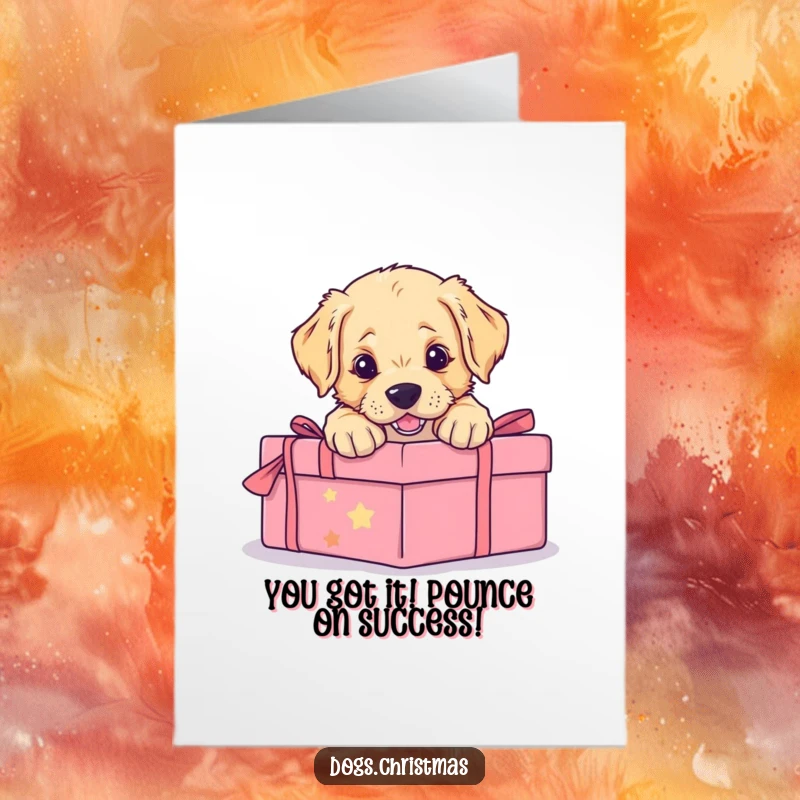 Funny Free Printable Congratulations Card showing a golden retriever puppy energetically pouncing on a gift, symbolizing jubilant success and playful celebration.