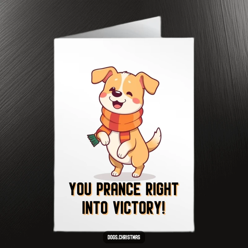 Funny Free Printable Congratulations Card: A dog in a festive scarf happily prances, celebrating success. Energetic and humorous.