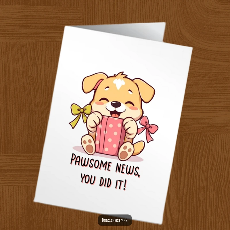 Funny Free Printable Congratulations Card: A dog gleefully unwrapping a gift, celebrating your big achievement.
