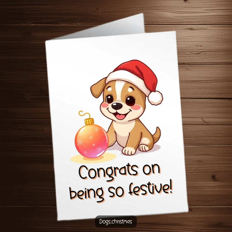 Funny Free Printable Dog Congrats Card: A happy dog in a Santa hat celebrates achievements with festive cheer.