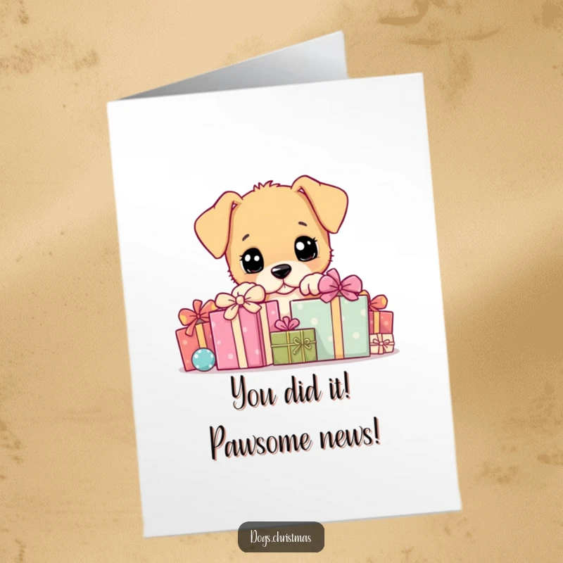 Funny free printable congratulations card: Delightful puppy peeking from behind a pile of colorful gifts, conveying warm wishes.