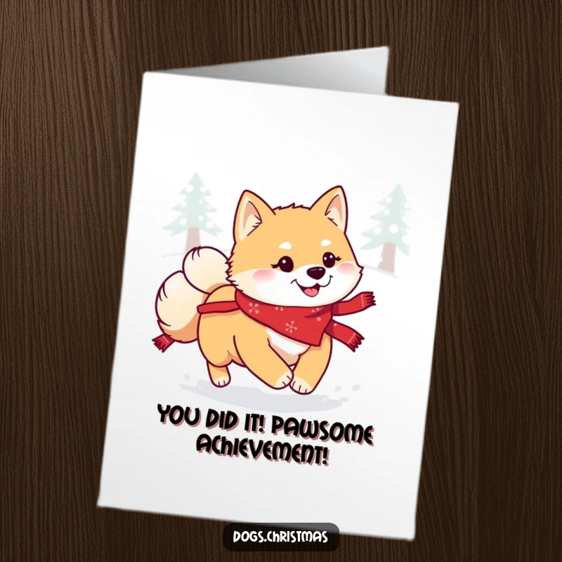 Funny Free Printable Shiba Inu Congrats Card featuring a cute dog with a festive bandana bounding through snow.