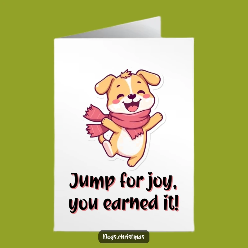 Free Printable Congrats Card: Happy Dog Scarf Leap - Joyful Celebration Downloadable