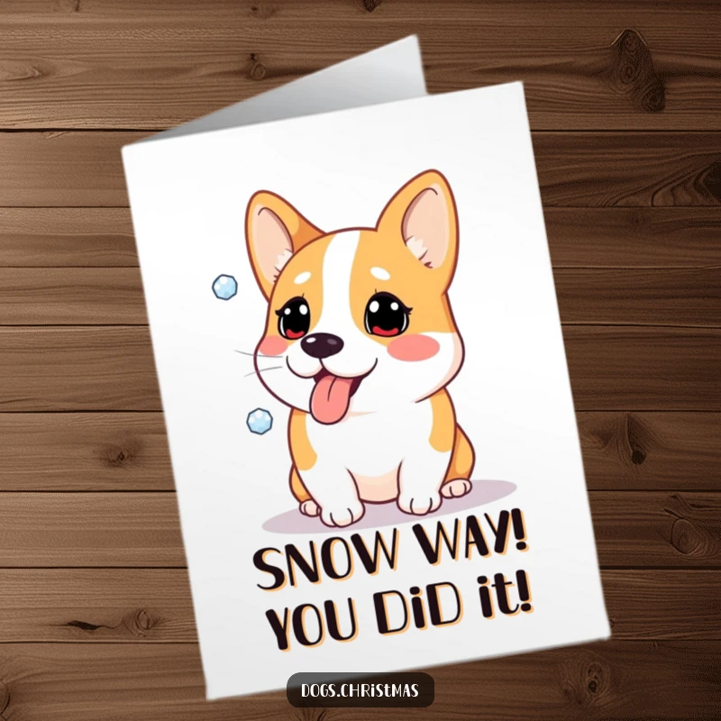 Funny Free Printable Congratulations Card: A corgi comically attempts to catch a snowflake on its tongue, celebrating wintery success.