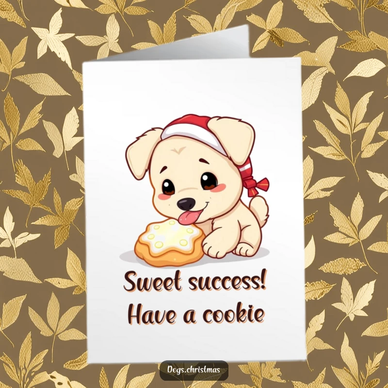 Funny Free Printable Congrats Card: Kawaii dog licking a glowing frosty Christmas cookie, a magical downloadable.