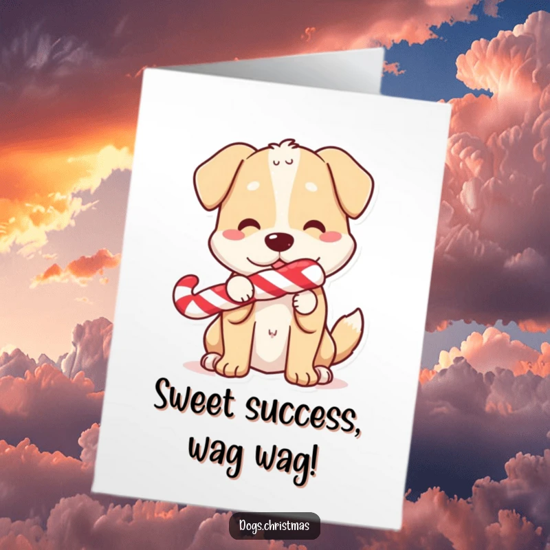 Funny free printable congratulations card: A wagging dog happily holds a candy cane, celebrating your wonderful news with joy.