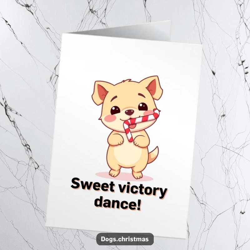 Joyful Free Printable Congrats Card: A kawaii dog performing an enthusiastic happy dance, a candy cane in its mouth, celebrating a win.