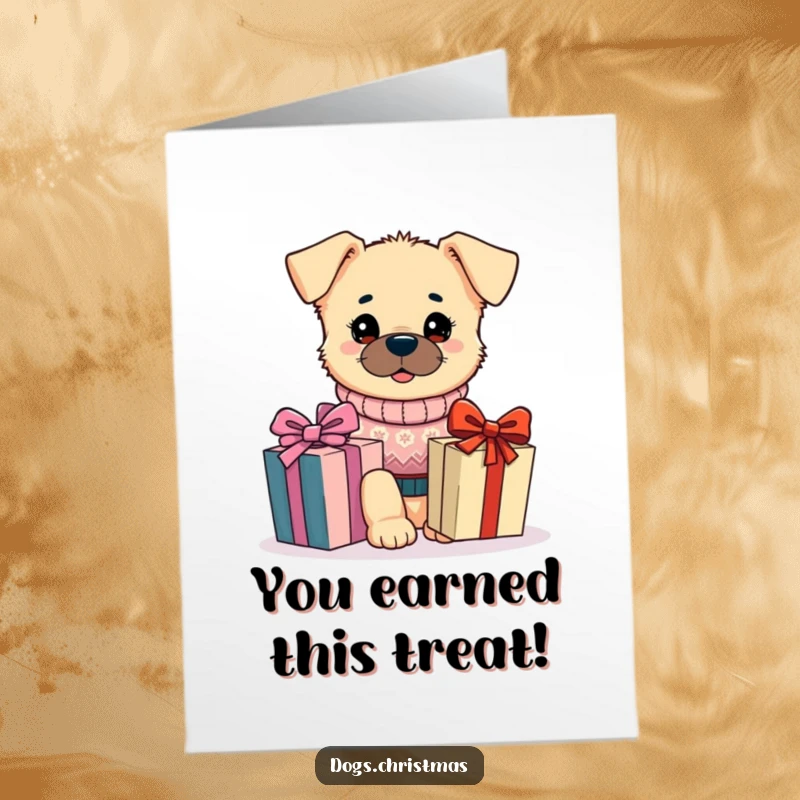 Funny Free Printable Congrats Card: Kawaii dog in a festive sweater eyes a gift with adoration, a lovely downloadable.