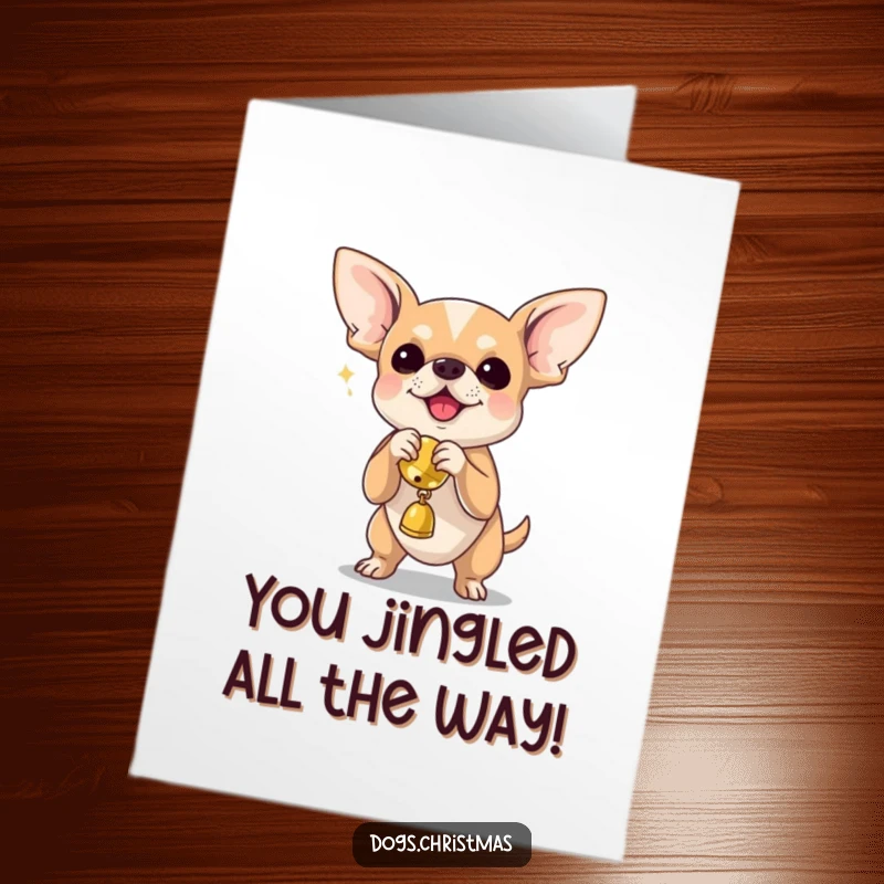 Funny free printable congratulations card featuring a chihuahua joyfully shaking a jingle bell toy, celebrating good news.