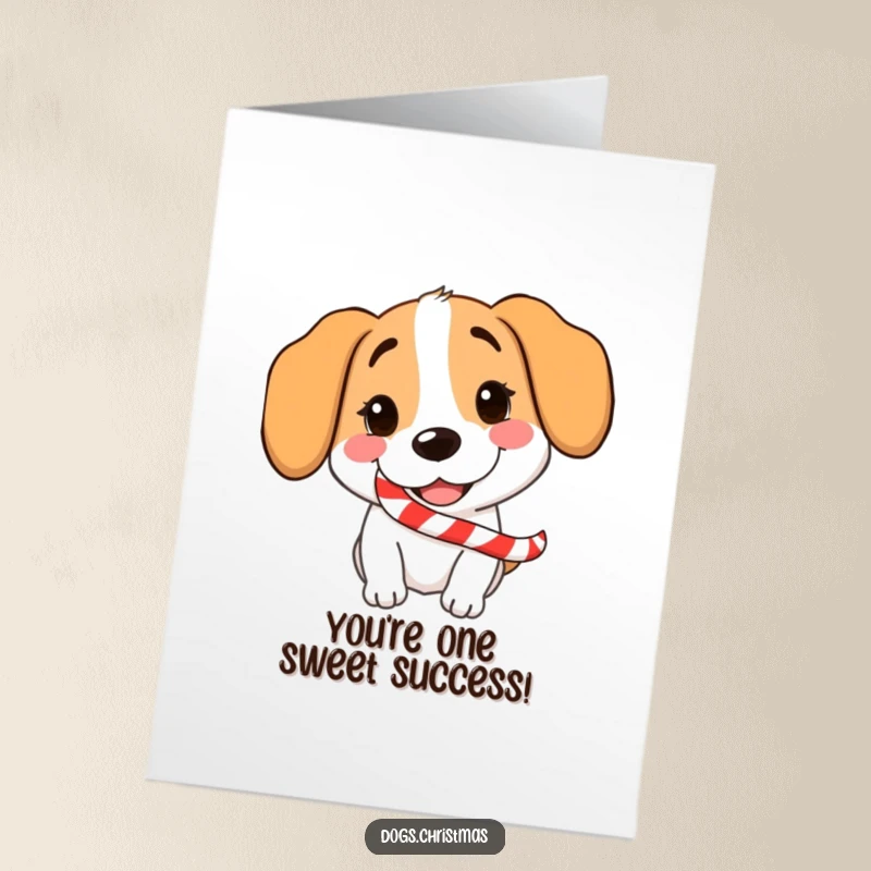 Funny Free Printable Congratulations Card showing a playful dog with a candy cane, offering a cheerful grin for their success.