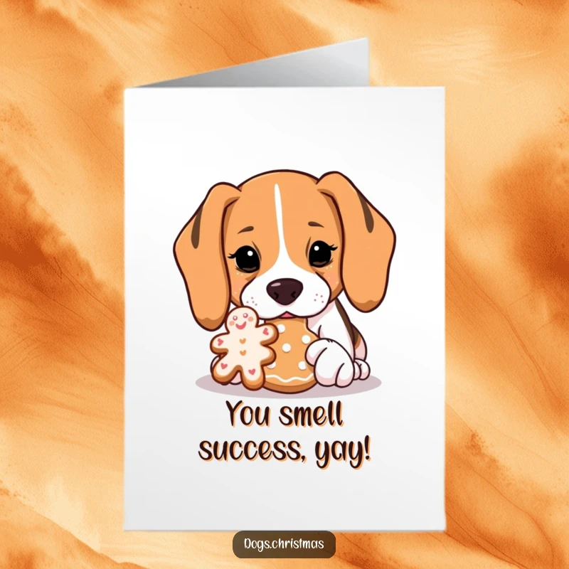 Humorous free printable congratulations card of a beagle with great interest sniffing a gingerbread cookie.