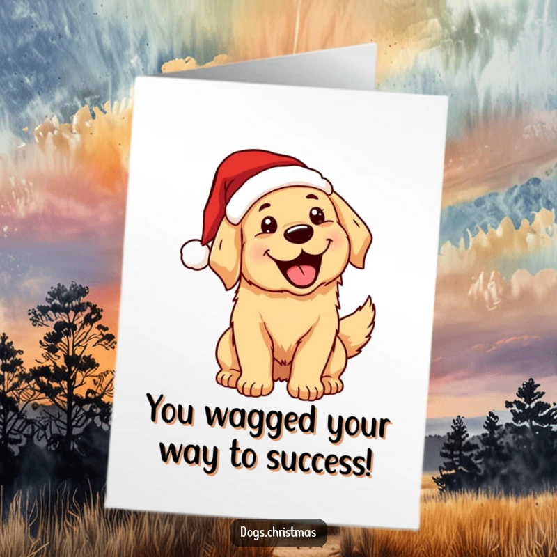 Funny Free Printable Congratulations Card: Kawaii golden retriever wearing Santa hat, wagging tail excitedly to celebrate good news.