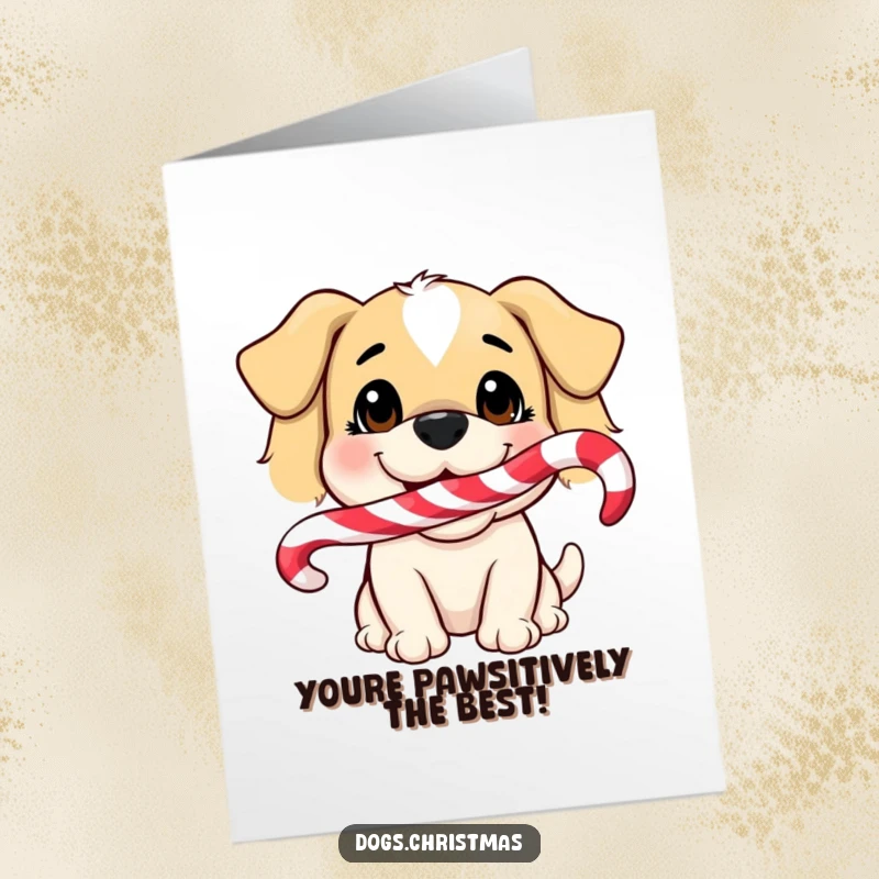 Funny Free Printable Congratulations Card: A smiling dog holds a candy cane, celebrating a sweet victory. Cheerful and humorous.