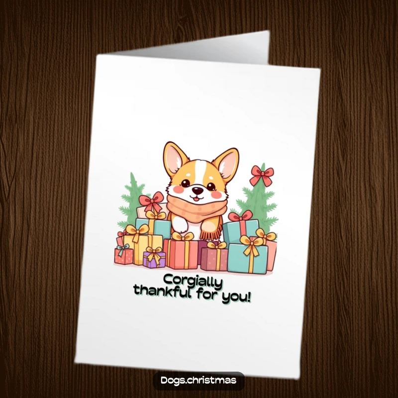 Funny Free Printable Corgi Thank You Card: Cute corgi in scarf peeking from gifts, conveying thanks with charm.