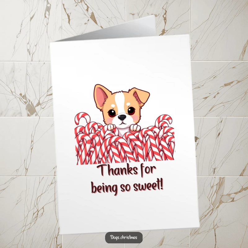 Funny Free Printable Dog Thank You Card: A curious dog peeks from candy canes, eyes wide with sweet thanks.