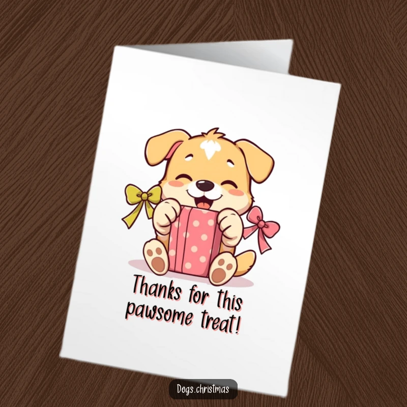 Funny Free Printable Thank You Card: Dog gleefully unwrapping a present with paws, showing immense gratitude.