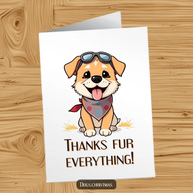 Funny Free Printable Thank You Card: Overjoyed dog in bandana, panting with gratitude for your kindness.