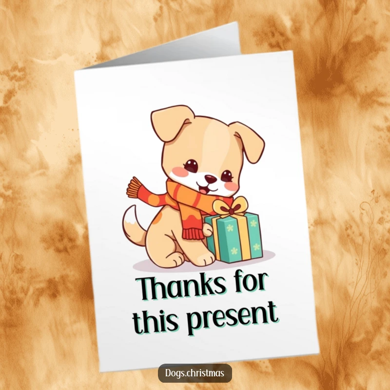 Funny Free Printable Thank You Card: Festive kawaii dog in scarf playing with present, a charming and humorous way to say thanks.