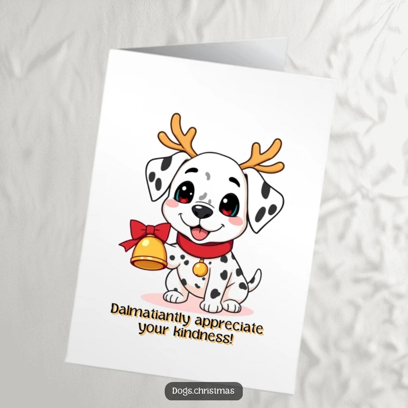 Funny Free Printable Dalmatian Thank You Card: Cute Dalmatian in reindeer antlers holding a bell, conveying thanks with festive humor.