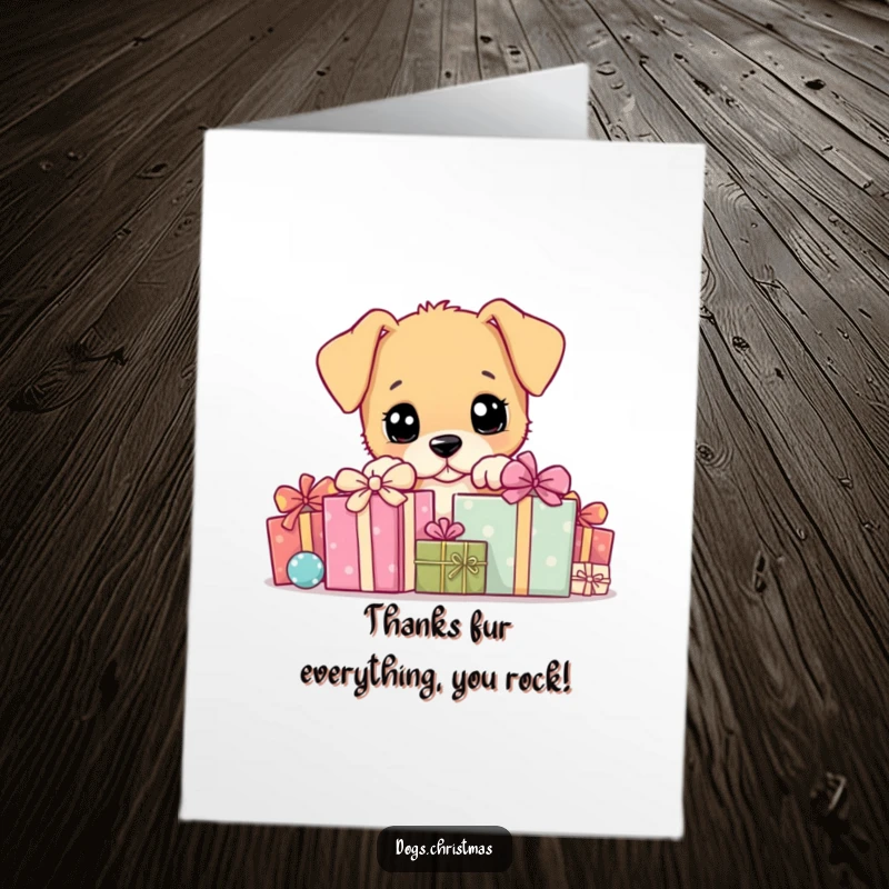 Funny free printable thank you card: A sweet puppy peeking out from a stack of gifts, expressing thanks with a wagging tail.