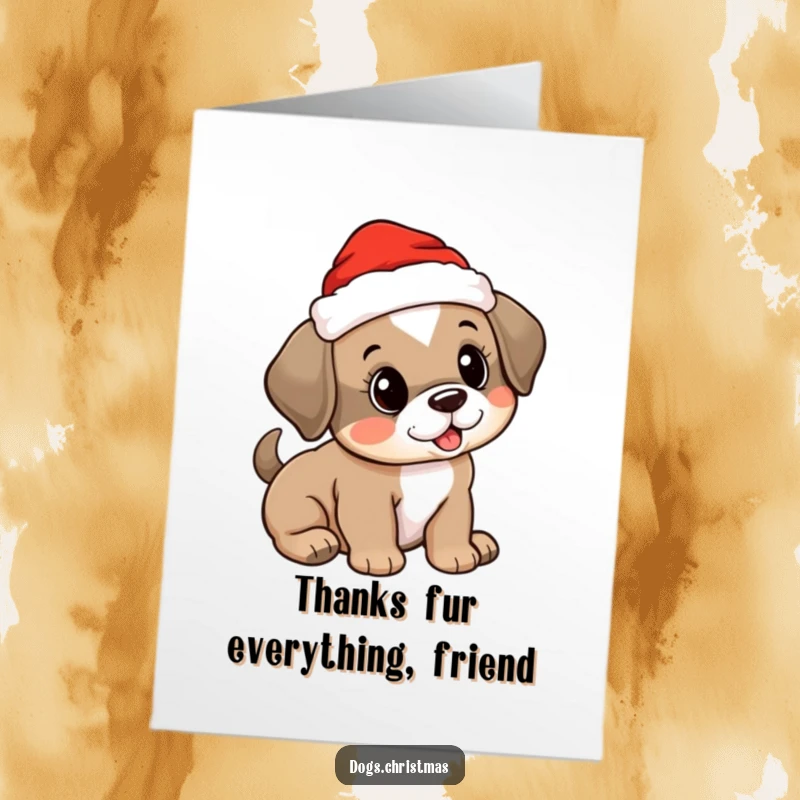 Funny Free Printable Thank You Card: A cute puppy in a Santa hat expresses gratitude with a joyful tail wag.