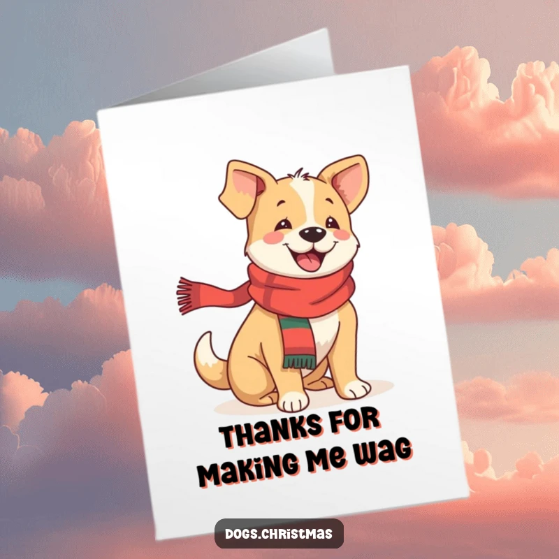 Funny Free Printable Thank You Card: A dog wearing a festive scarf, tail wagging exuberantly with joy.