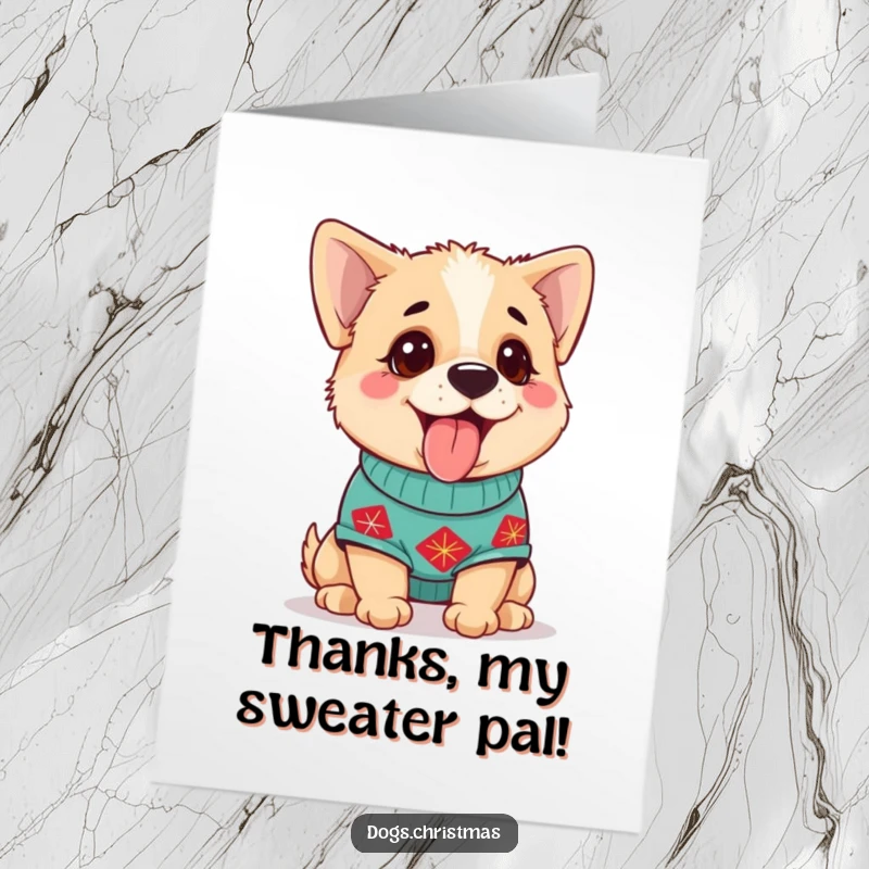 Funny Free Printable Thank You Card: Cute dog in a festive sweater, panting happily to show appreciation.