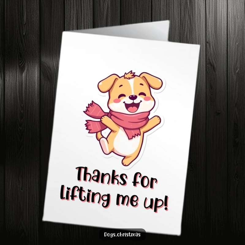Funny Free Printable Thank You Card: Happy dog, wearing a scarf, doing a joyful leap, full of gratitude and fun.