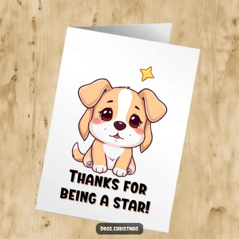 Funny Free Printable Thank You Card: A dog with a hopeful expression looks upward towards a twinkling star.