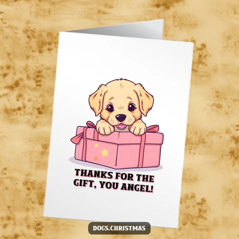 Funny Free Printable Thank You Card with a golden retriever puppy enthusiastically pouncing on a gift, capturing pure, playful gratitude.