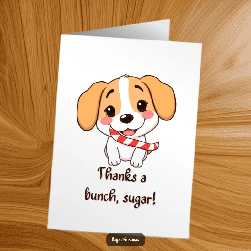 Funny Free Printable Thank You Card featuring a happy dog with a candy cane in its mouth, grinning with gratitude.