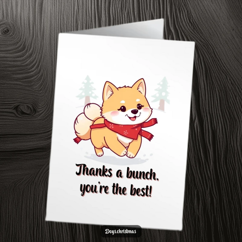 Funny Free Printable Shiba Inu Thank You Card of a kawaii dog in festive bandana leaping in snow.