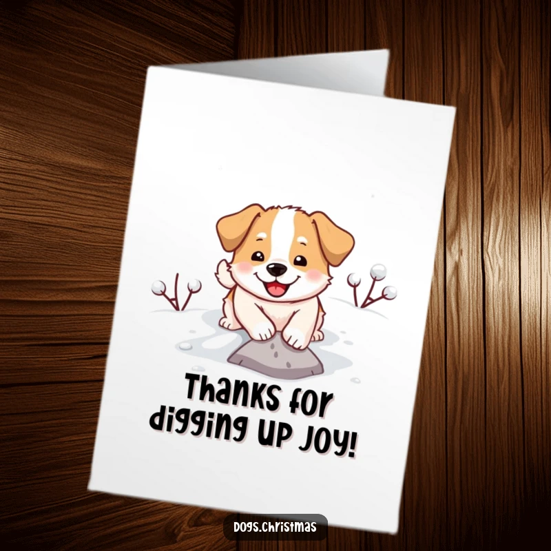 Funny Free Printable Thank You Card: A cheerful dog digs with abandon in a snowy landscape, expressing pure delight.