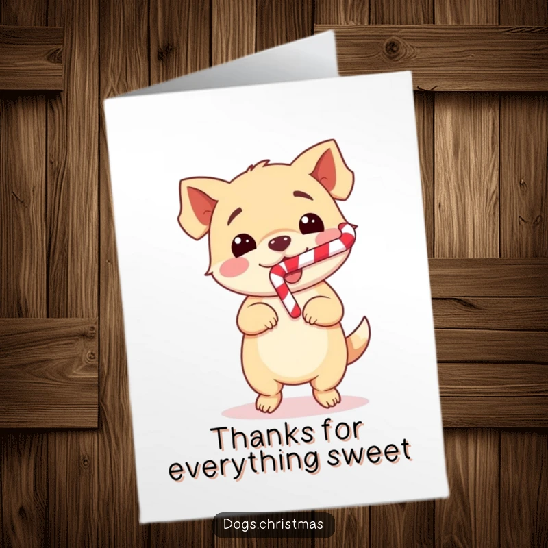 Cute Free Printable Thank You Card: A happy kawaii dog doing a joyful dance with a candy cane, conveying sweet thanks.