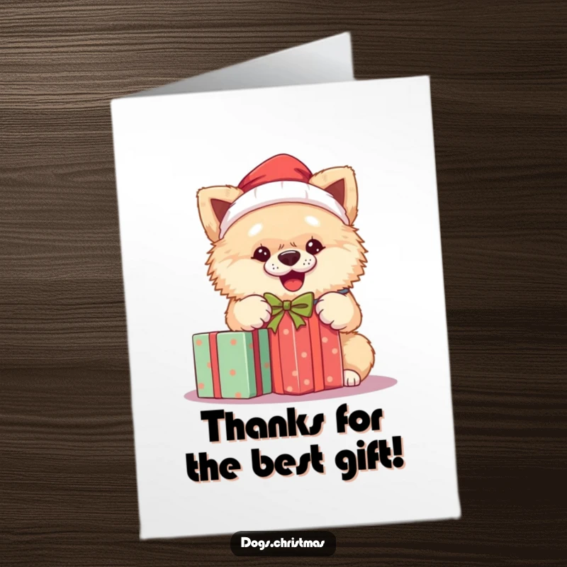 Funny Free Printable Thank You Card: A fluffy dog in a Santa hat, gleefully unwrapping a gift.