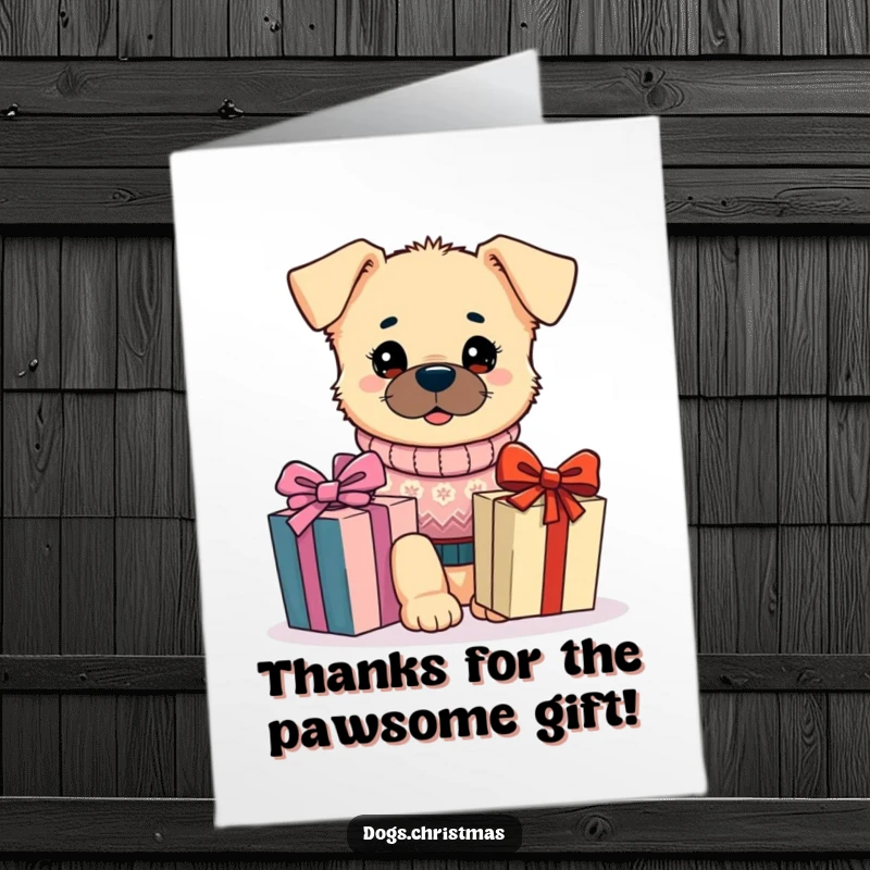 Funny Free Printable Thank You Card: A kawaii dog in a festive sweater looks at a gift, a sweet downloadable.