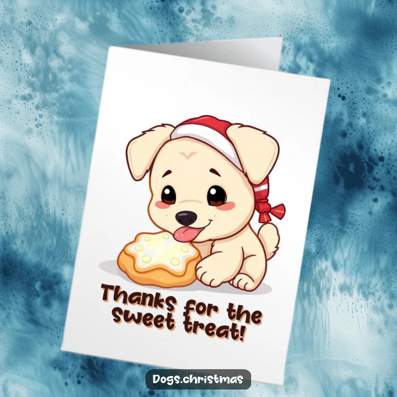 Funny Free Printable Thank You Card: A kawaii dog enjoys a glowing, frosty Christmas cookie, a sweet downloadable.