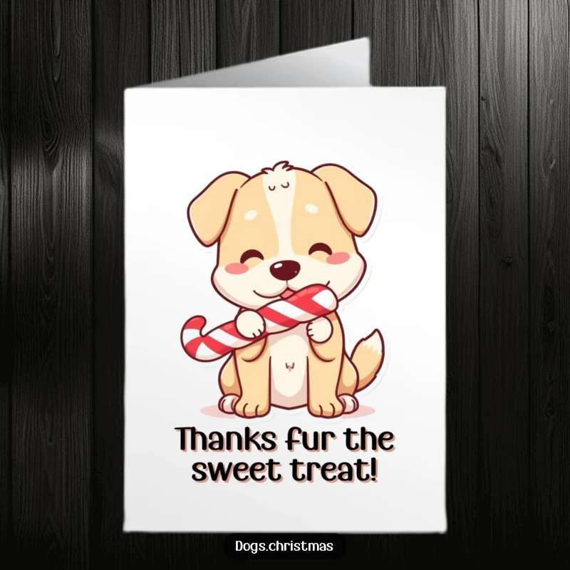 Funny free printable thank you card: A happy dog carries a candy cane in its mouth, tail wagging an enthusiastic thank you.