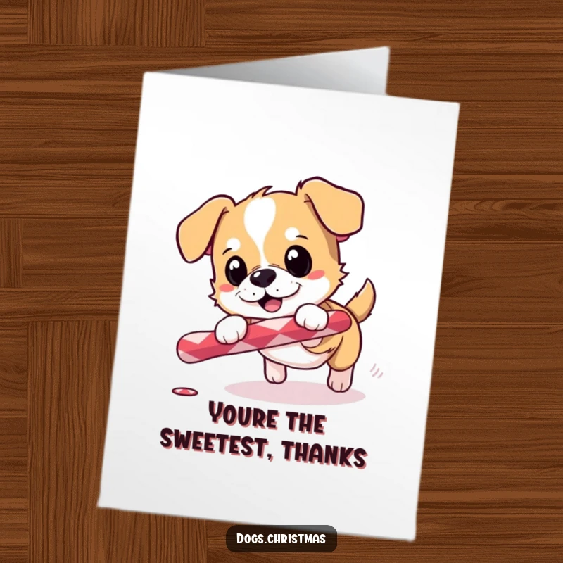 Funny Free Printable Thank You Card: A small dog shows pure excitement chasing a rolling candy cane in thanks.