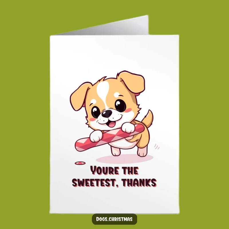 Free Printable Thank You Card: Dog Chasing Candy Cane Thankful Excitement Funny