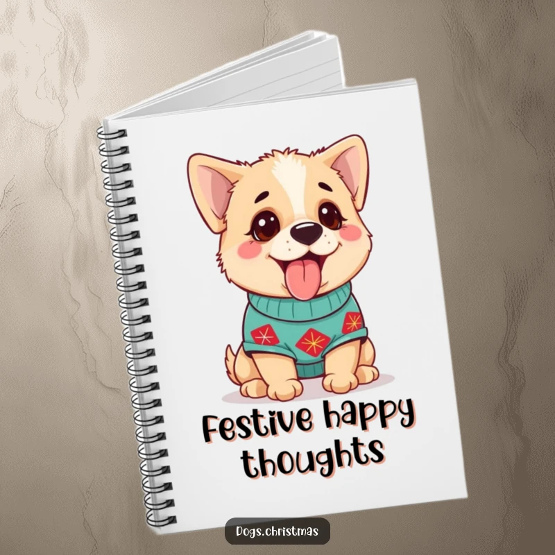 Funny Dog Notebook with a cute dog in a festive sweater, panting happily, ideal for jotting down ideas.