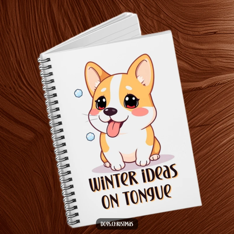 Funny notebook cover with a Corgi dog comically attempting to catch snowflakes, ideal for winter notes.