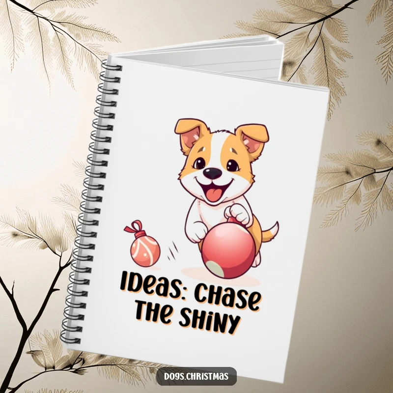 Funny Dog Notebook: An energetic dog races after a rolling Christmas ornament, representing holiday excitement and a passion for playful, festive fun.