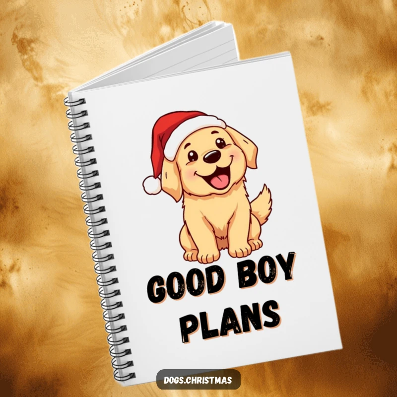 Funny, excited kawaii golden retriever in a Santa hat wagging its tail, mouth open, on a notebook.