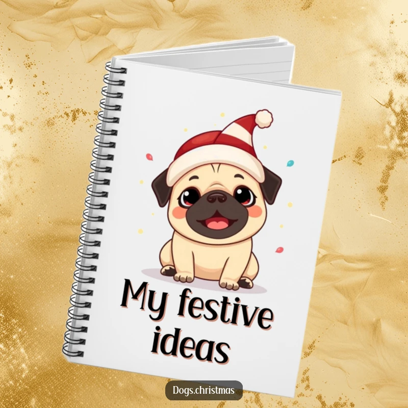 Funny Kawaii Pug Notebook: A happy pug in an elf hat barks amidst festive lights, a humorous and charming stationery item.